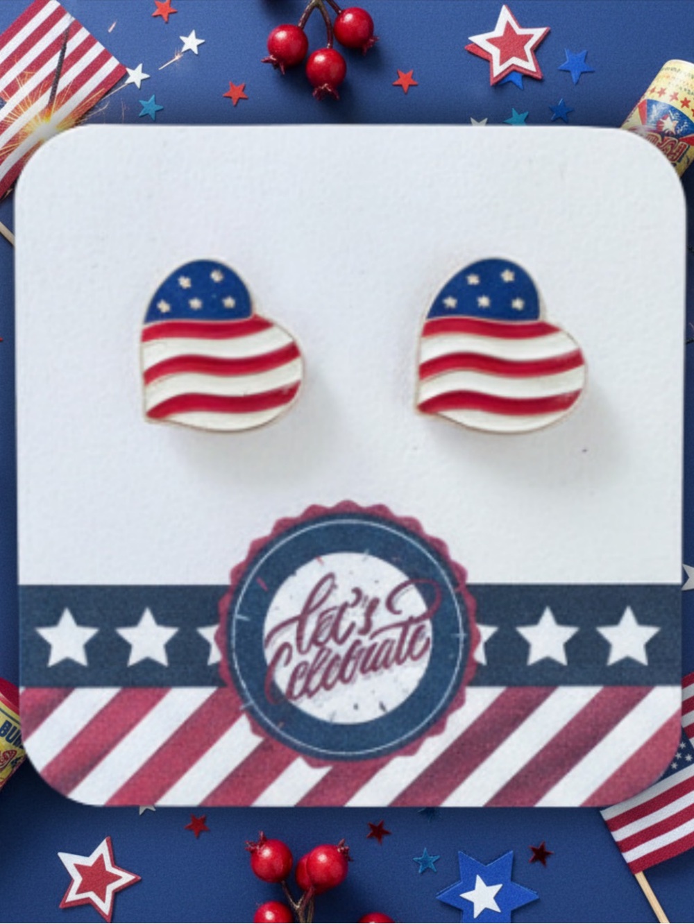 New Handmade Angled USA Flag Heart Studs (0.6" wide x 0.6" tall)